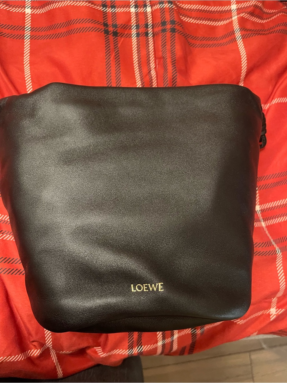 Loewe Black Leather flamenco Bucket Bag with Gold Logo